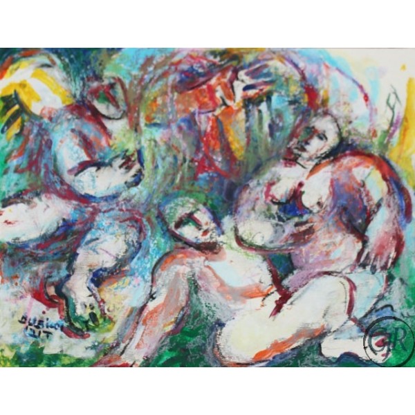 Dubi Arie Pastel and Acrylic on Paper:"In Paradise"