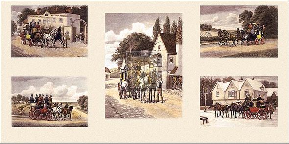 E.A.S. Douglas Artist Hand Colored Copper Plate Printed Atelier Print:"Coaching Incidents (five scenes on one plate)"