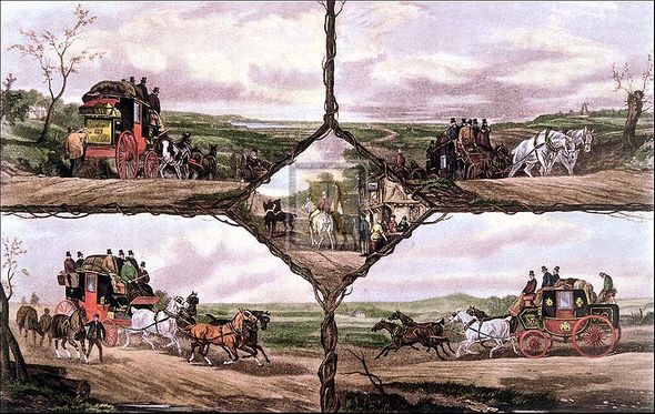 E.A.S. Douglas Artist Hand Colored Copper Plate Printed Atelier Print:"Coaching Incidents (five scenes on one plate) I"