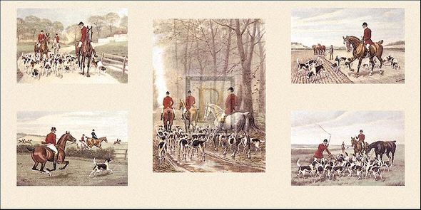 E.A.S. Douglas Artist Hand Colored Copper Plate Printed Atelier Print:"Hunting Incidents (five scenes on one plate)"
