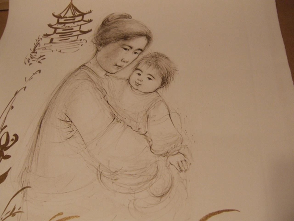 Edna Hibel Artist Signed Print: "Lei Jeigiong & her Baby in the Garden of Yun-Tai"