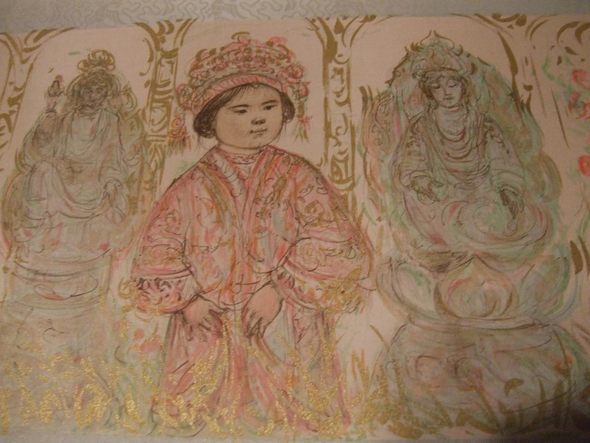 Edna Hibel Gold Leaf Lithograph: "Willie & Two Quan Yins"