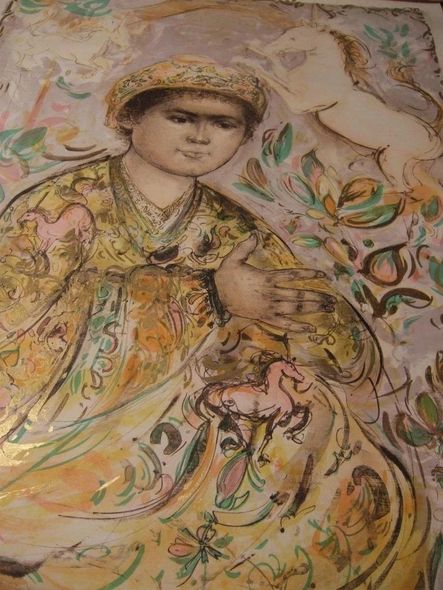 Edna Hibel Signed Gold Embellished Print: "Little Rajah and the Unicorns"