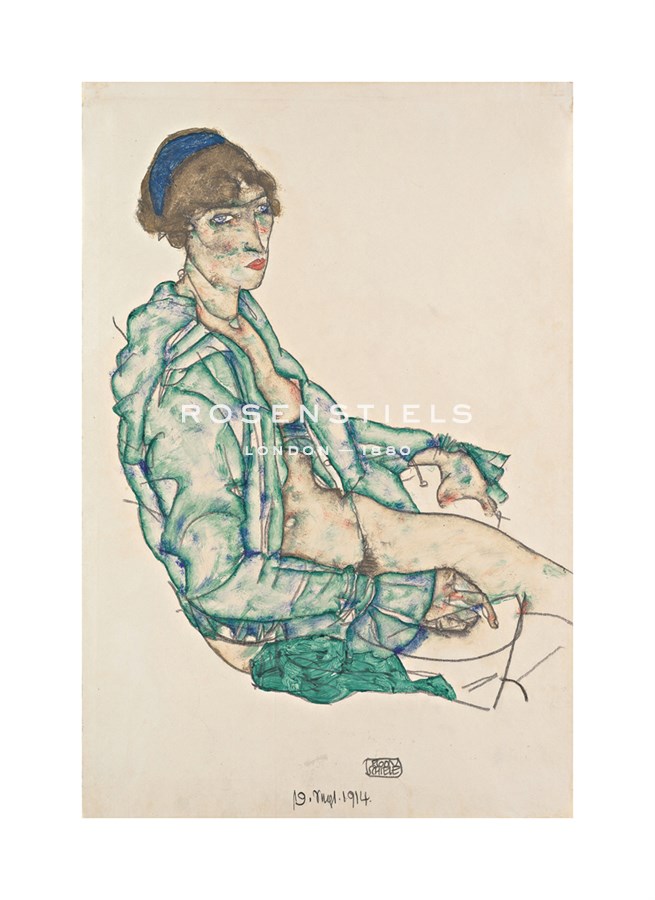 Egon Schiele Hand Numbered Limited Edition Print on Paper :"Sitting Semi-Nude with Blue Hairband, 1914"