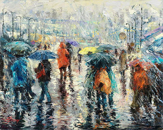Elena Bond Handsigned and Numbered Limited Edition Embellished Giclee on Canvas:"A Storm on the Plaza "
