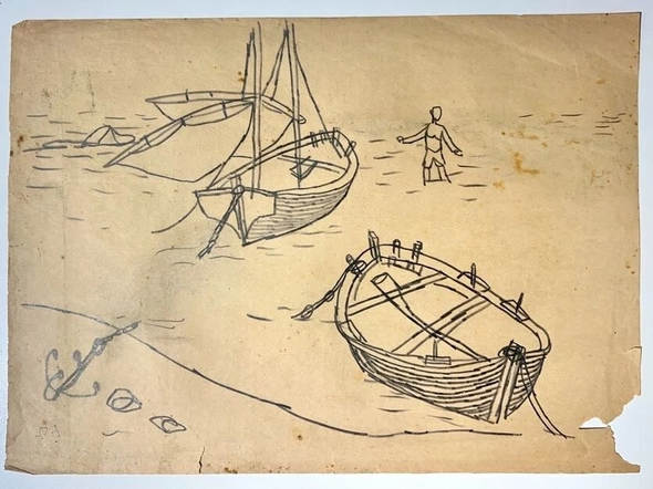 Eliahu Gat Signed Original Paper: "Eliahu Gat (1919 - 1987) - Seascape - Pencil on Paper - Original"