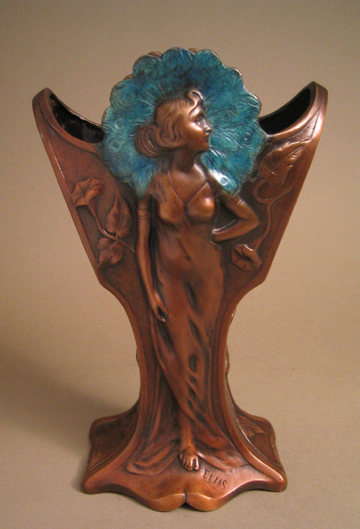Elias Handcrafted Solid Bronze Sculpture:"Peacock and Peonies Vase"