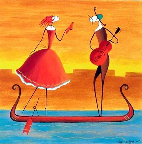 Esther Myatlov Hand Signed and Numbered Limited Edition Serigraph on Wood: " Love on a Gondola "