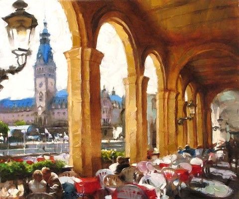 Eugene Segal Handsigned and Numbered Embellished Giclee on Canvas:"Caf&eacute; in Hamburg"