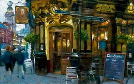 Eugene Segal Handsigned and Numbered Embellished Giclee on Canvas:"Corner Cafe"