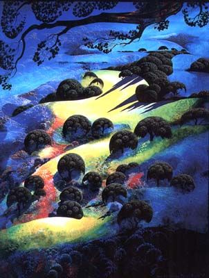 Eyvind Earle Artist Signed Limited Edition Serigraph on paper:"Fading Sunset Flame"