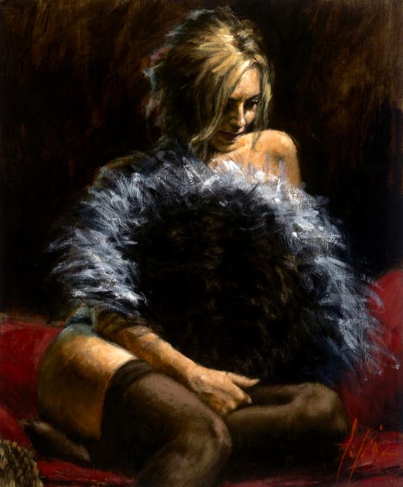 Fabian Perez Handsigned and Numbered Limited Edition Embellished Giclee on Canvas:"Abanico De Plumas"