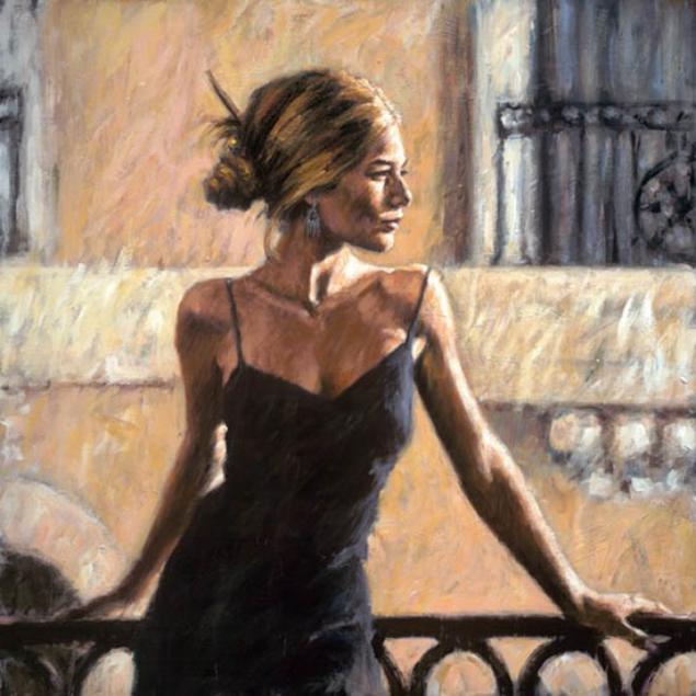 Fabian Perez Handsigned and Numbered Limited Edition Embellished Giclee on Canvas:"Balcony At Buenos Aires III"