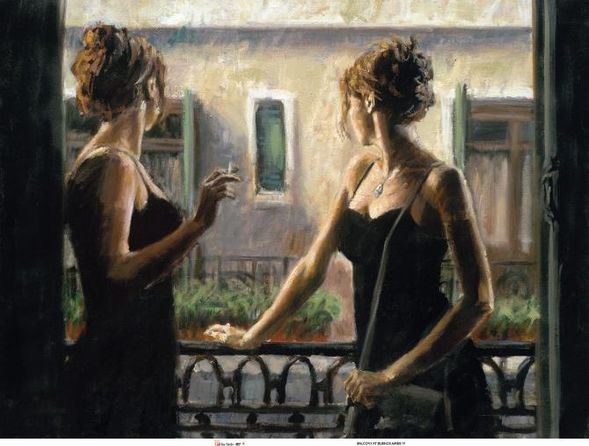 Fabian Perez Handsigned and Numbered Limited Edition Embellished Giclee on Canvas:"Balcony At Buenos Aires IV"