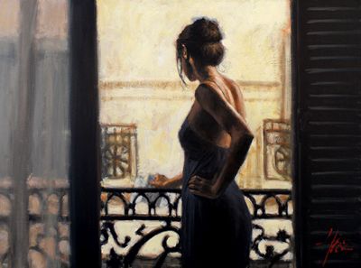 Fabian Perez Handsigned and Numbered Limited Edition Embellished Giclee on Canvas:"Balcony At Buenos Aires IX"