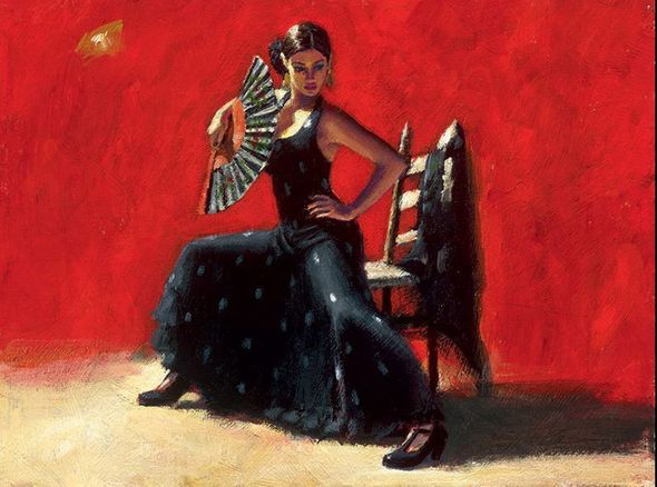 Fabian Perez Handsigned and Numbered Limited Edition Embellished Giclee on Canvas:"Black Flower III (Horizontal)"