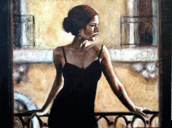 Fabian Perez Handsigned and Numbered Limited Edition Embellished Giclee on Canvas:"Brunette At The Balcony"