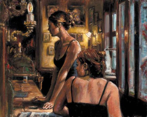 Fabian Perez Handsigned and Numbered Limited Edition Embellished Giclee on Canvas:"El Federal Cafe"
