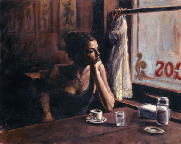 Fabian Perez Handsigned and Numbered Limited Edition Embellished Giclee on Canvas:"El Federal Cafe III"