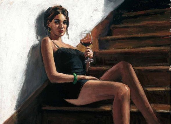 Fabian Perez Handsigned and Numbered Limited Edition Embellished Giclee on Canvas: "Girl With Red at the Stairs"