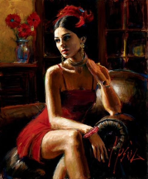 Fabian Perez Handsigned and Numbered Limited Edition Embellished Giclee on Canvas: "Linda in Red"