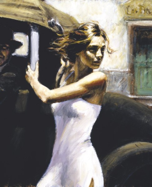 Fabian Perez Handsigned and Numbered Limited Edition Embellished Giclee on Canvas:"Luciana At Calles De San Telmo"