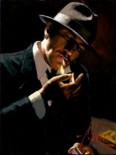 Fabian Perez Handsigned and Numbered Limited Edition Embellished Giclee on Canvas: "Man Lighting Cigarette"