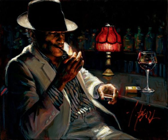 Fabian Perez Handsigned and Numbered Limited Edition Embellished Giclee on Canvas: "Man Lighting Cigarette IV"