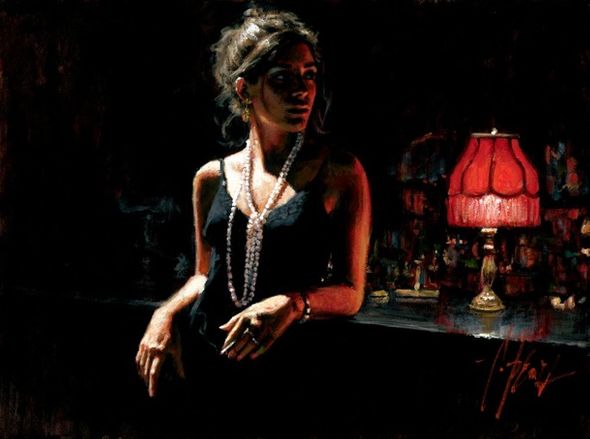 Fabian Perez Handsigned and Numbered Limited Edition Embellished Giclee on Canvas: "Marina by the Red Light"