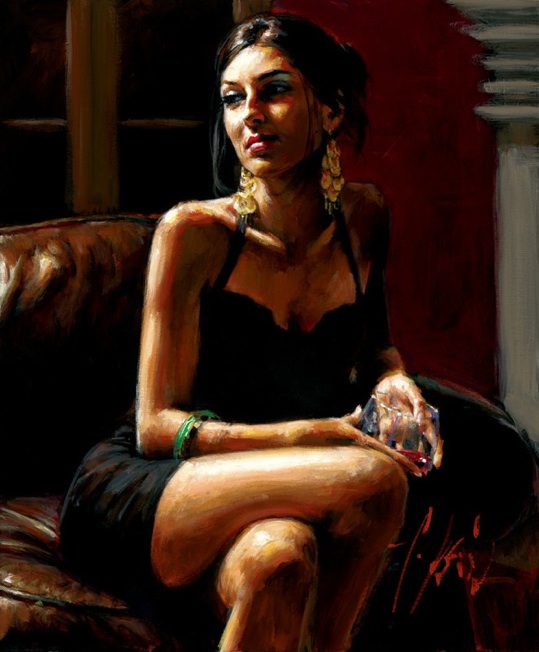 Fabian Perez Handsigned and Numbered Limited Edition Embellished Giclee on Canvas: "Red on Red IV"