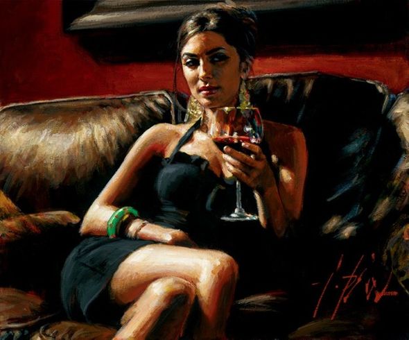 Fabian Perez Handsigned and Numbered Limited Edition Embellished Giclee on Canvas: "Red on Red V"