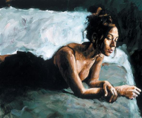 Fabian Perez Handsigned and Numbered Limited Edition Embellished Giclee on Canvas:"Renee on Bed I"