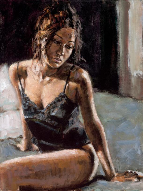 Fabian Perez Handsigned and Numbered Limited Edition Embellished Giclee on Canvas:"Renee on Bed III"
