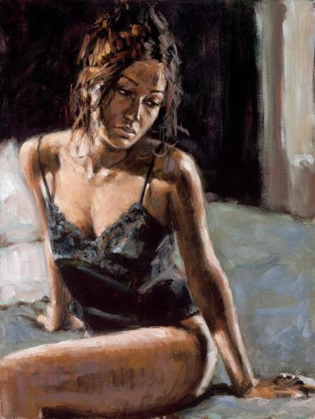 Fabian Perez Handsigned and Numbered Limited Edition Embellished Giclee on Canvas:"Renee on Bed III"