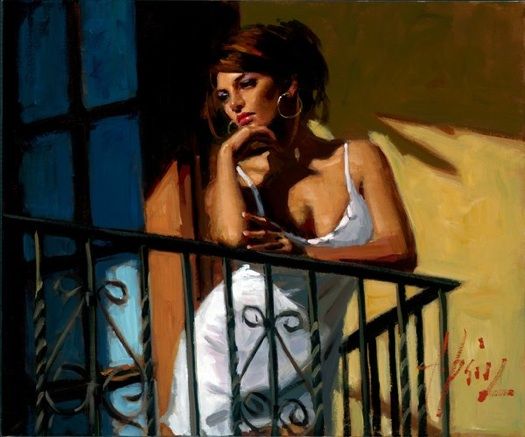 Fabian Perez Handsigned and Numbered Limited Edition Embellished Giclee on Canvas: "Saba on the Balcony VIII with White Dress"