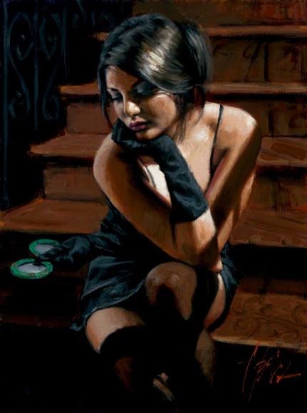 Fabian Perez Handsigned and Numbered Limited Edition Embellished Giclee on Canvas: "Saba on the Stairs"