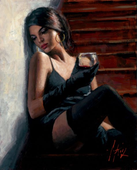 Fabian Perez Handsigned and Numbered Limited Edition Embellished Giclee on Canvas:"Saba on the Stairs White Wall"