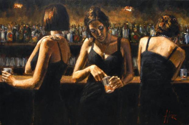 Fabian Perez Handsigned and Numbered Limited Edition Embellished Giclee on Canvas:"Study for 3 Girls in Bar II"
