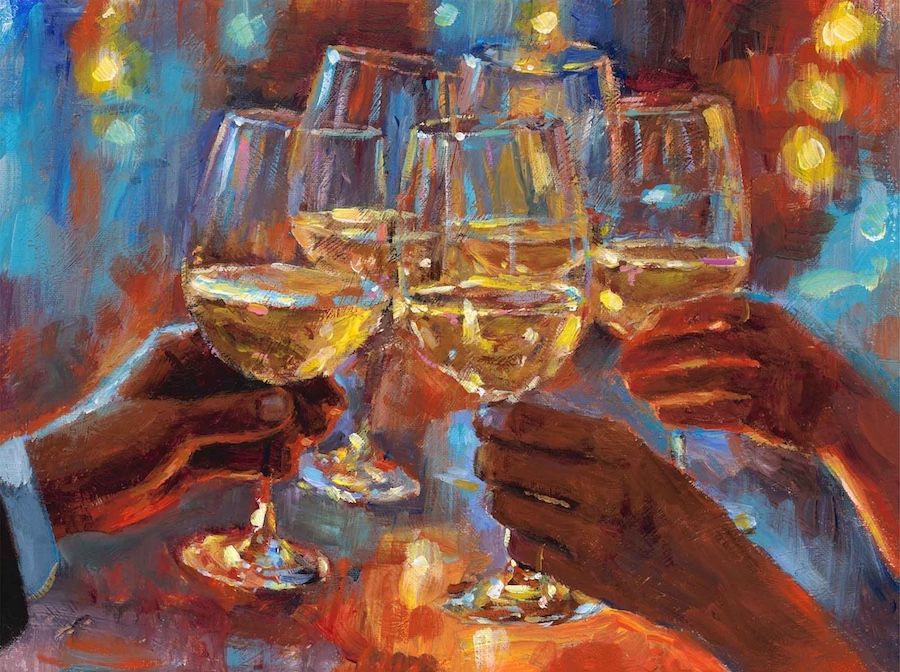 Fabian Perez Handsigned and Numbered Limited Edition Canvas Giclee: "Wine and Blue Lights – White"