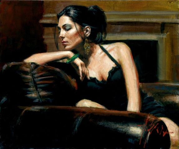 Fabian Perez Handsigned and Numbered Limited Edition Embellished Giclee on Canvas: "Tess III by the Fireplace"