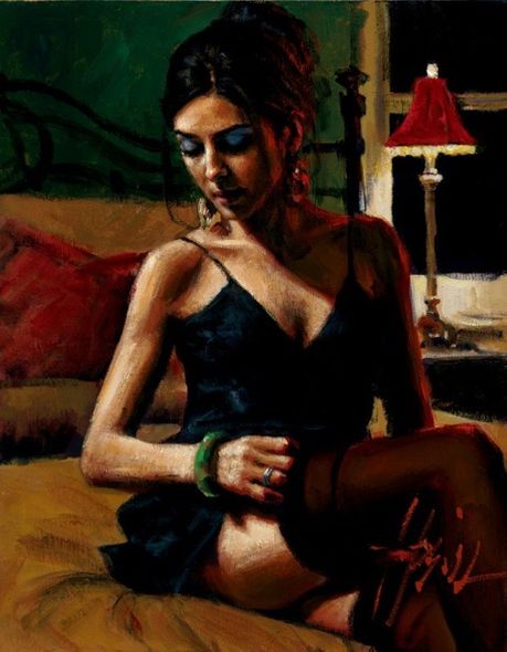 Fabian Perez Handsigned and Numbered Limited Edition Embellished Giclee on Canvas: "Tess on Bed"