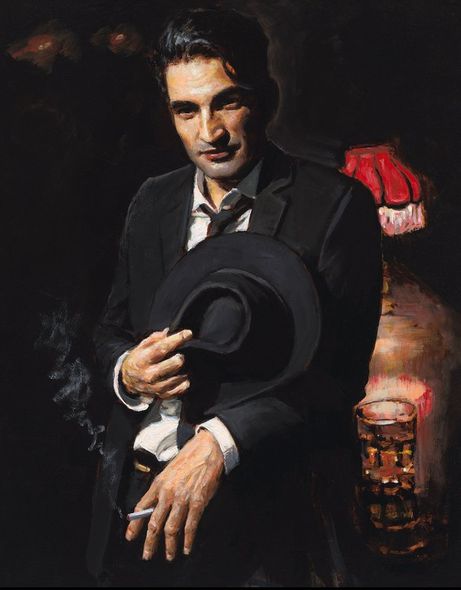 Fabian Perez Artist Signed Limited Edition Embellished Giclee on Canvas:"Black Hat and Whiskey"