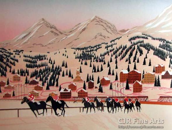 Fanch Ledan Hand Signed and Numbered Limited Edition Paper Lithograph:"Horse Racing in St. Moritz"