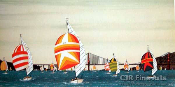 Fanch Ledan Hand Signed and Numbered Limited Edition Paper Lithograph:"Spinnakers under Golden Gate Bridge"