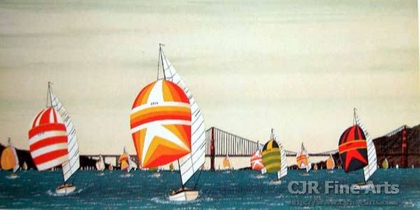 Fanch Ledan Hand Signed and Numbered Limited Edition Paper Lithograph:"Spinnakers under Golden Gate Bridge"