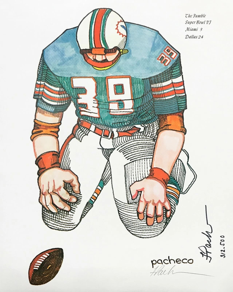 Ferdie Pacheco HAND SIGNED Limited Edition Lithograph on Paper: "THE FUMBLE SUPER BOWL VI"