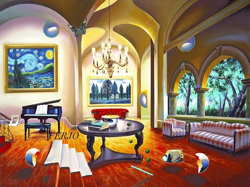 Ferjo Artist Signed Limited Edition Canvas Giclee: "MUSICAL ROOM" Ferjo Artist Signed Limited Edition Canvas Giclee: "MUSICAL ROOM"