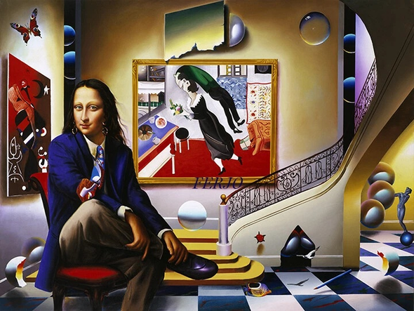 Ferjo Signed SURREALISM: "NEW MONA WITH CHAGALL"