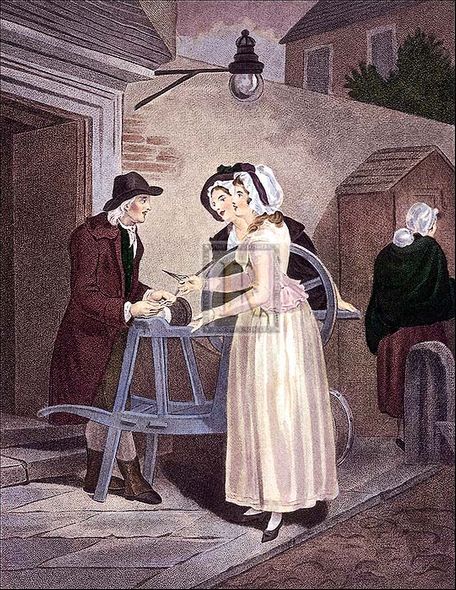 Francis Wheatley Artist Hand Colored Copper Plate Printed Atelier Print:"Knives, Scissors and Razors to Grind"