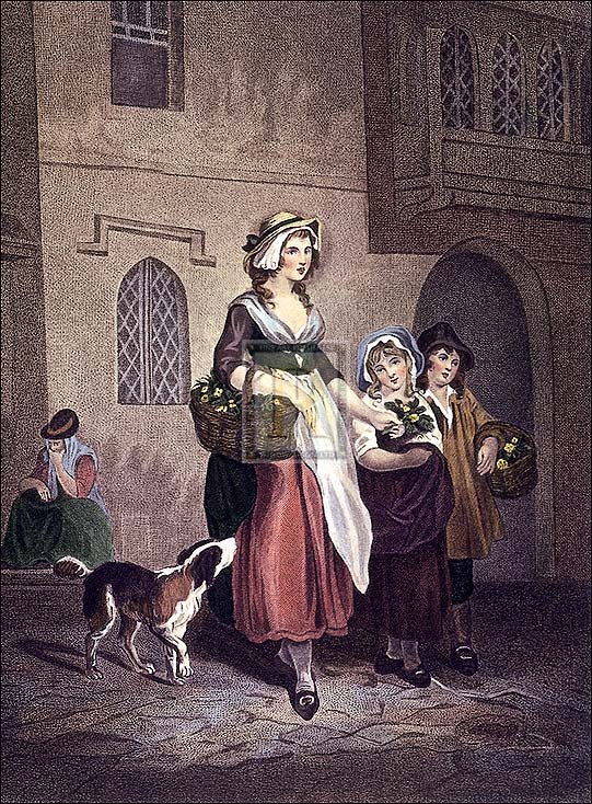 Francis Wheatley Artist Hand Colored Copper Plate Printed Atelier Print:"Two Bunches a Penny, Primroses"